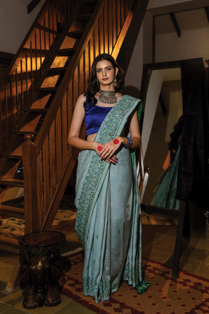 Ice Blue Satin Silk Saree with Aari Work
