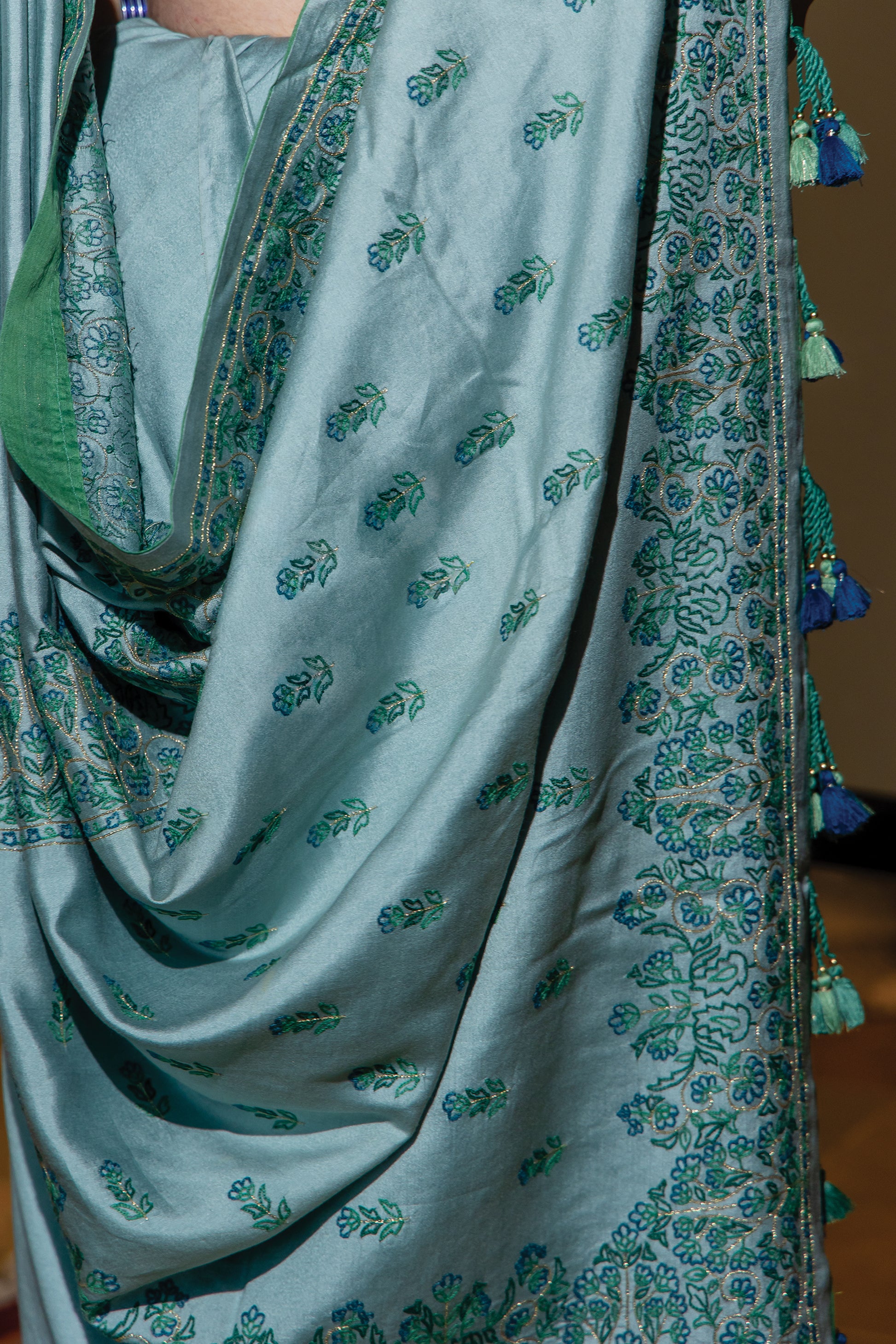 Ice Blue Satin Silk Saree with Aari Work