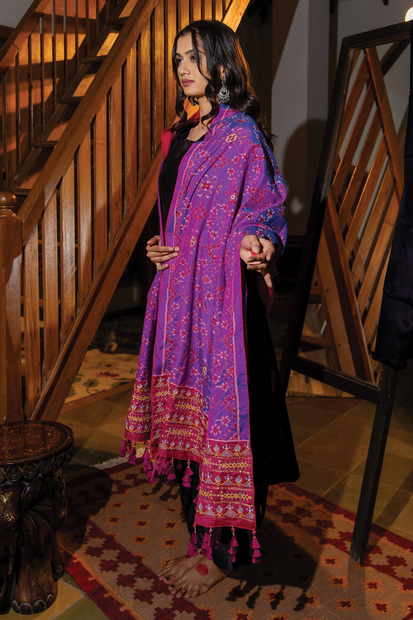 Pink Silk Dupatta with Aari Work