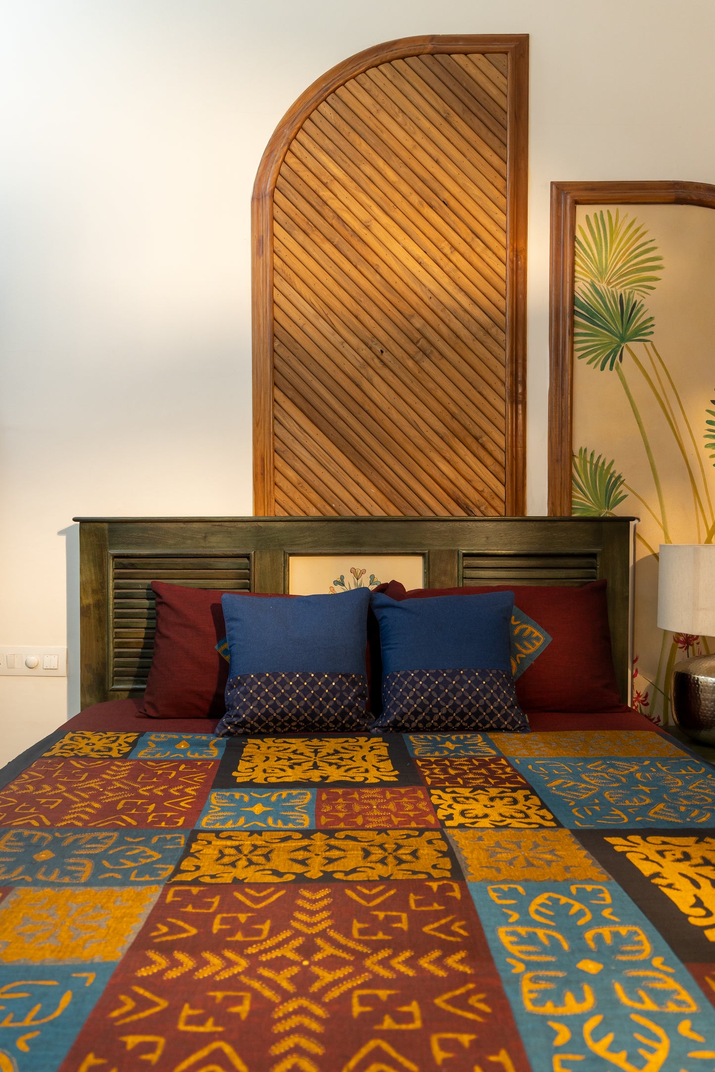 Multi Maroon Patch Applique Bedsheet with Blue Hand-Woven Cushion Cover Combo (Set of 3)