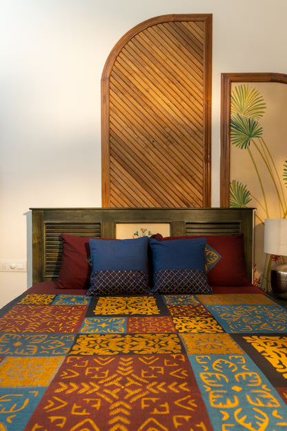 Multi Maroon Patch Applique Bedsheet with Blue Hand-Woven Cushion Cover Combo (Set of 3)