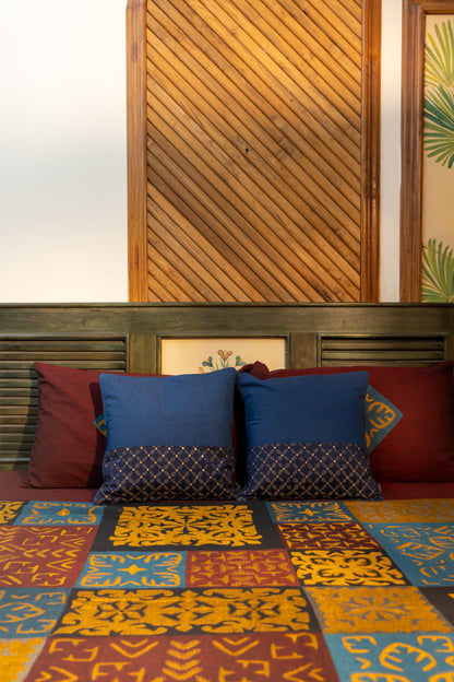 Multi Maroon Patch Applique Bedsheet with Blue Hand-Woven Cushion Cover Combo (Set of 3)