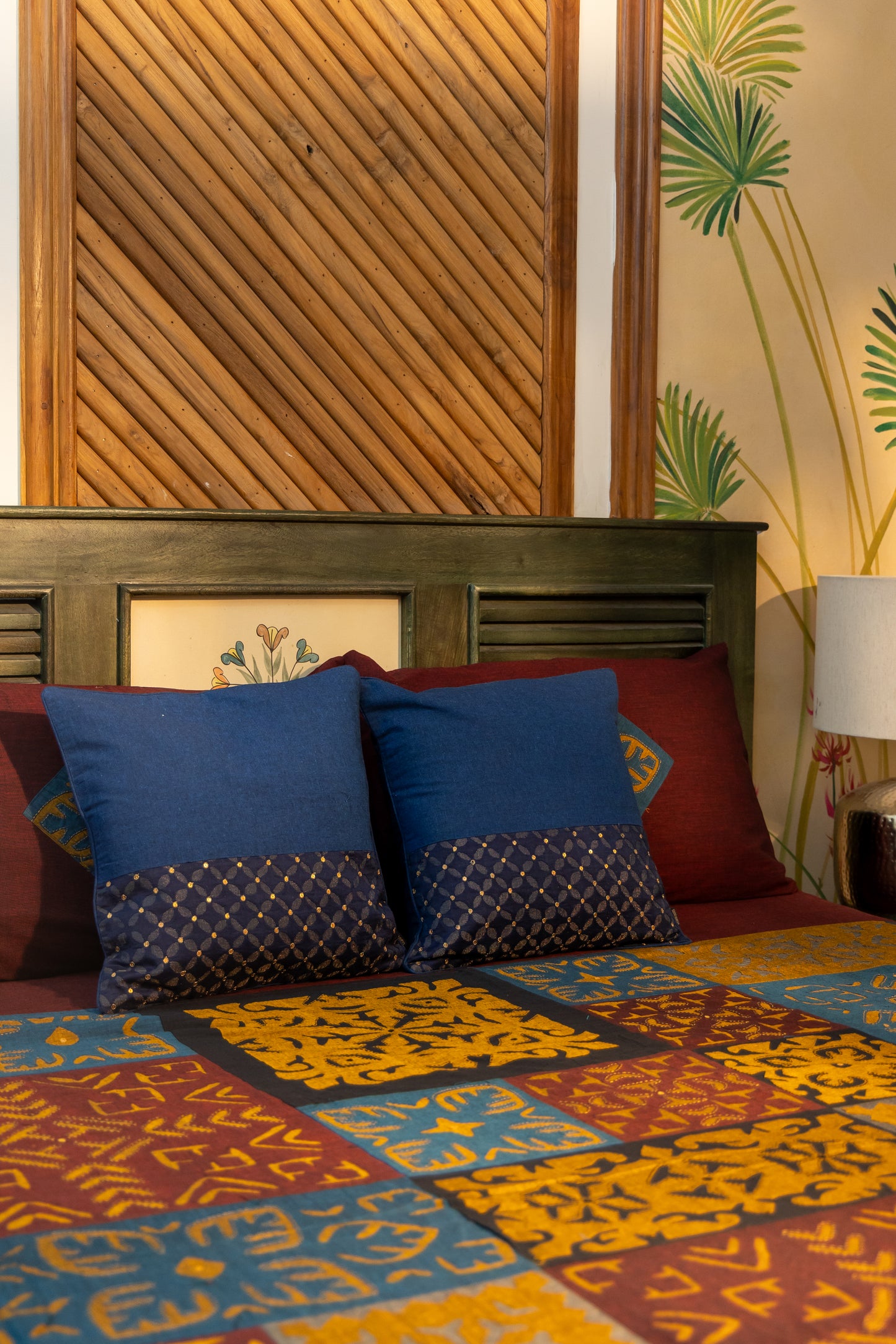 Multi Maroon Patch Applique Bedsheet with Blue Hand-Woven Cushion Cover Combo (Set of 3)