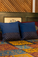 Multi Maroon Patch Applique Bedsheet with Blue Hand-Woven Cushion Cover Combo (Set of 3)