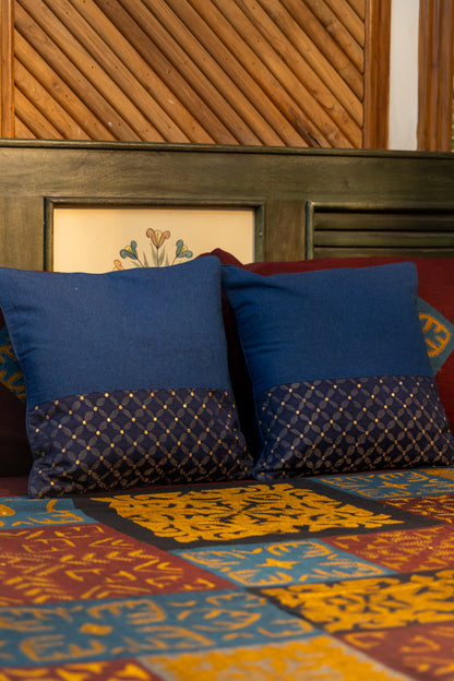 Multi Maroon Patch Applique Bedsheet with Blue Hand-Woven Cushion Cover Combo (Set of 3)