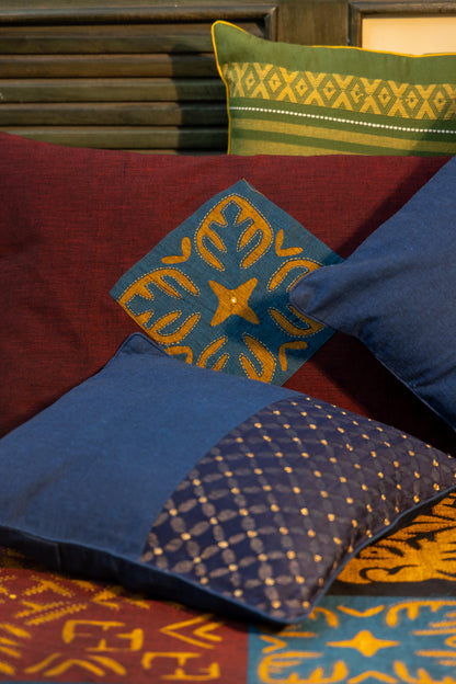 Multi Maroon Patch Applique Bedsheet with Blue Hand-Woven Cushion Cover Combo (Set of 3)