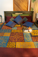 Multi Maroon Patch Applique Bedsheet with Blue Hand-Woven Cushion Cover Combo (Set of 3)