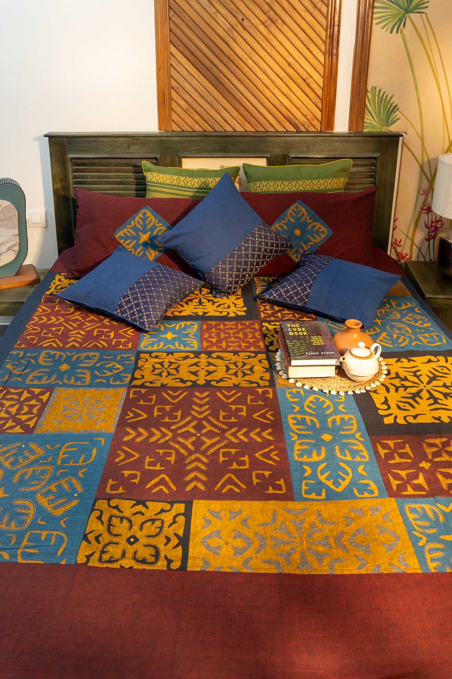 Multi Maroon Patch Applique Bedsheet with Blue Hand-Woven Cushion Cover Combo (Set of 3)