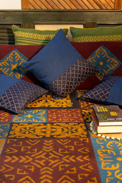Multi Maroon Patch Applique Bedsheet with Blue Hand-Woven Cushion Cover Combo (Set of 3)