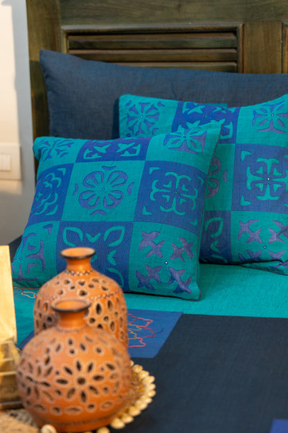Blue Aari & Hand Work Bedsheet with Blue Applique Cushion Cover Combo (Set of 5)