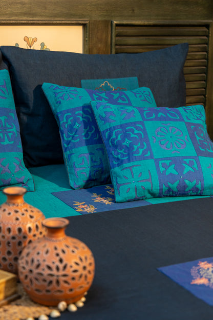 Blue Aari & Hand Work Bedsheet with Blue Applique Cushion Cover Combo (Set of 5)