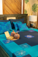 Blue Aari & Hand Work Bedsheet with Blue Applique Cushion Cover Combo (Set of 5)