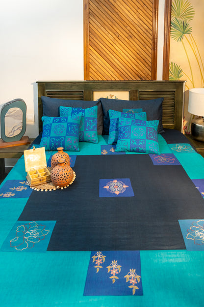 Blue Aari & Hand Work Bedsheet with Blue Applique Cushion Cover Combo (Set of 5)