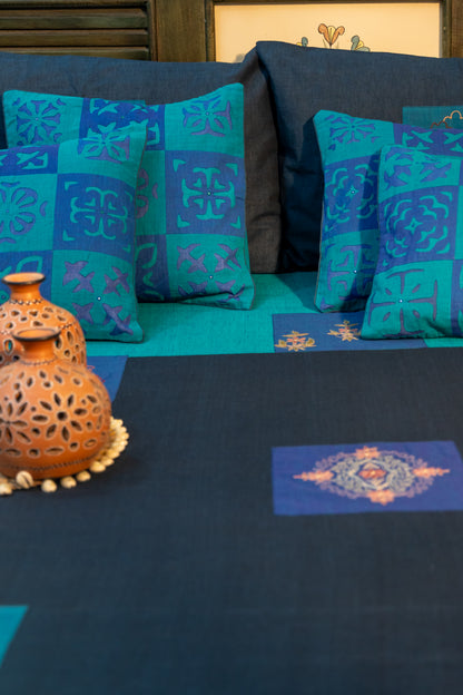 Blue Aari & Hand Work Bedsheet with Blue Applique Cushion Cover Combo (Set of 5)
