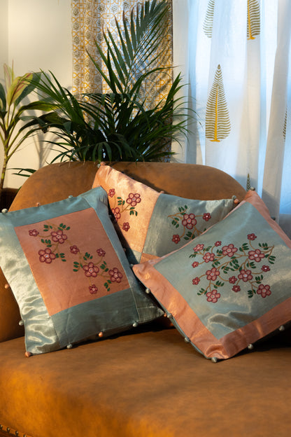 Peach Aari Embroidered Gaji Silk Cushion Cover Combo (Set of 3)