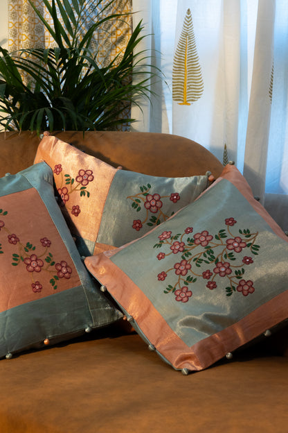 Peach Aari Embroidered Gaji Silk Cushion Cover Combo (Set of 3)