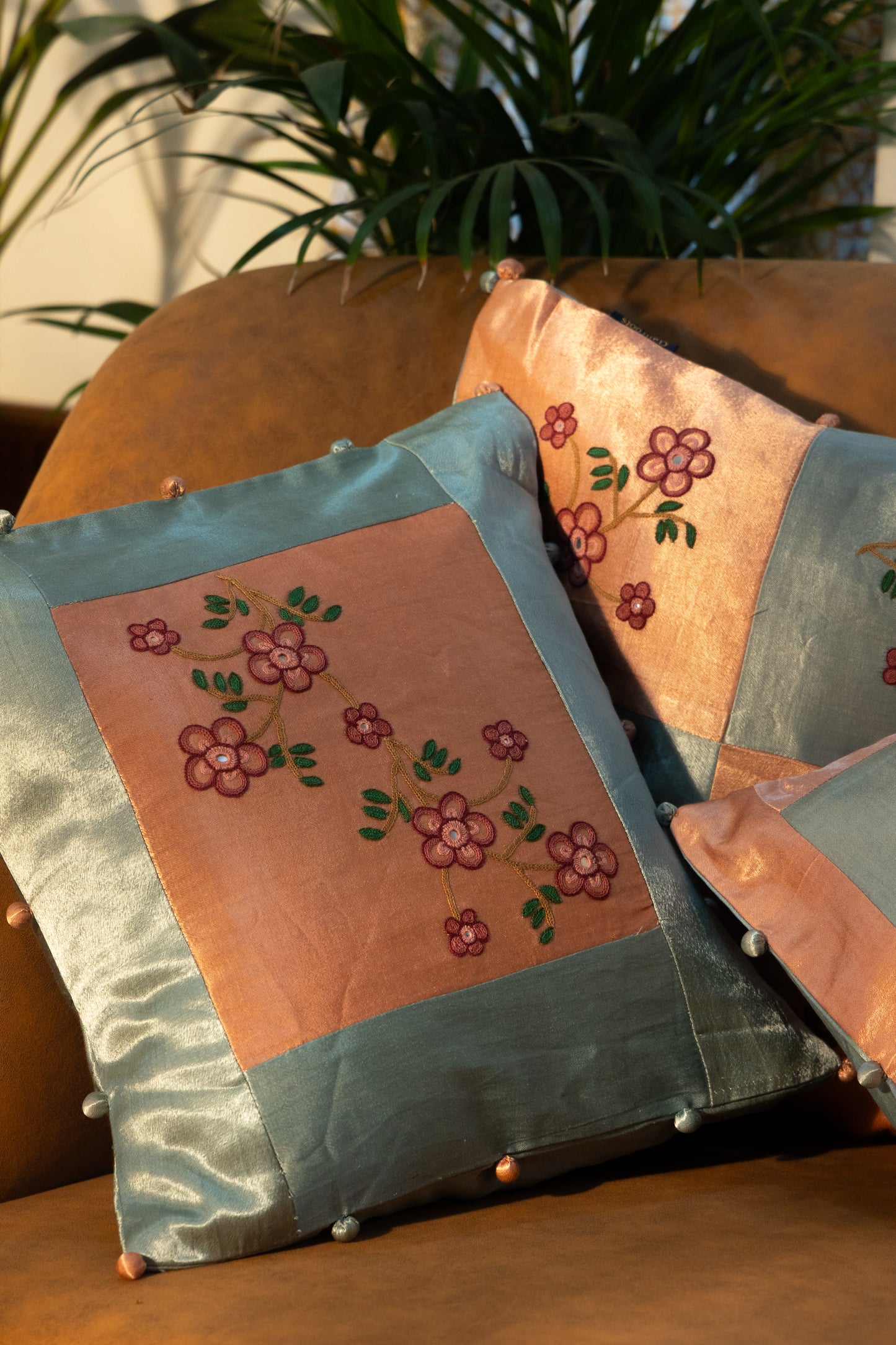 Peach Aari Embroidered Gaji Silk Cushion Cover Combo (Set of 3)