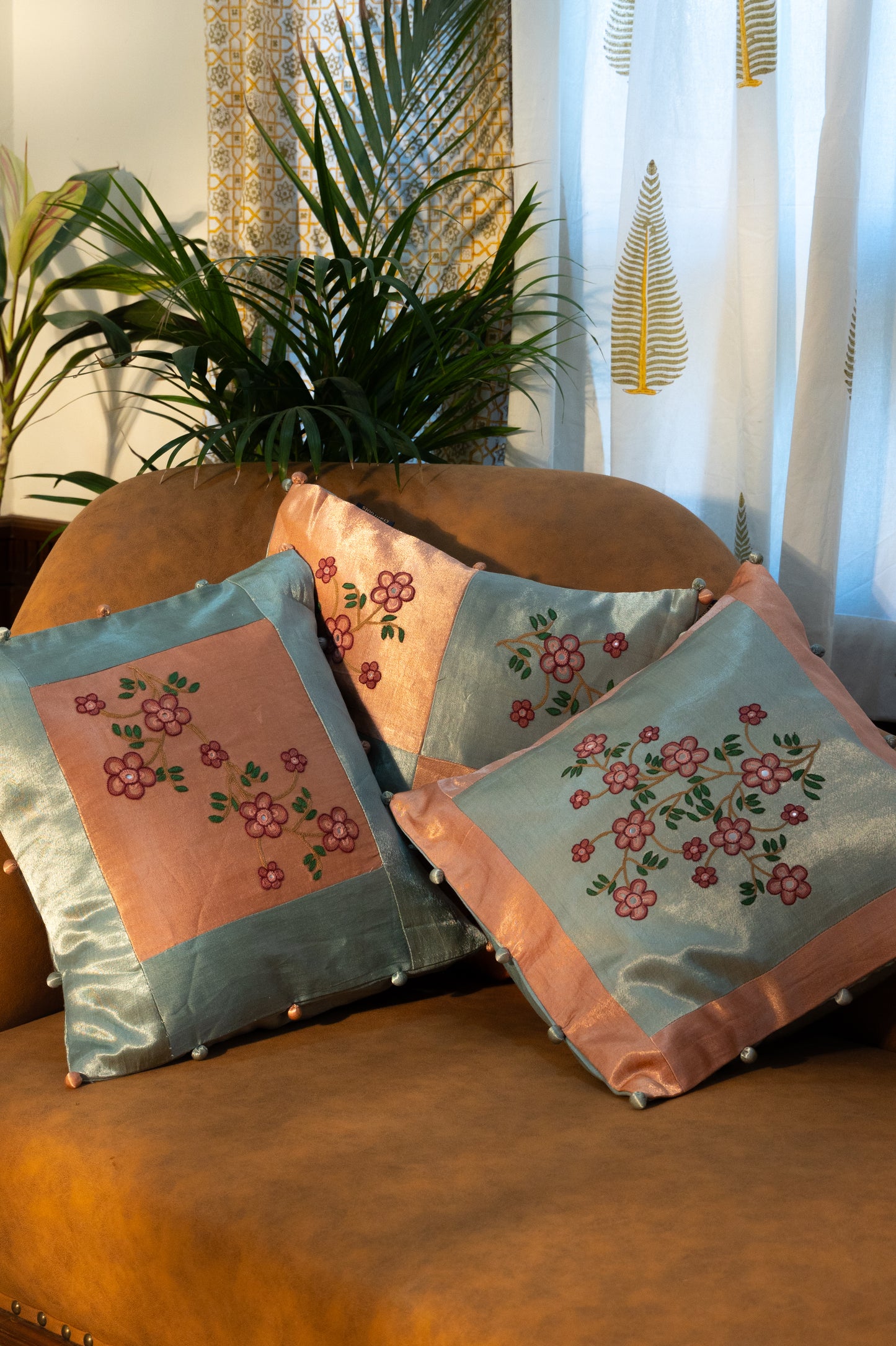 Peach Aari Embroidered Gaji Silk Cushion Cover Combo (Set of 3)