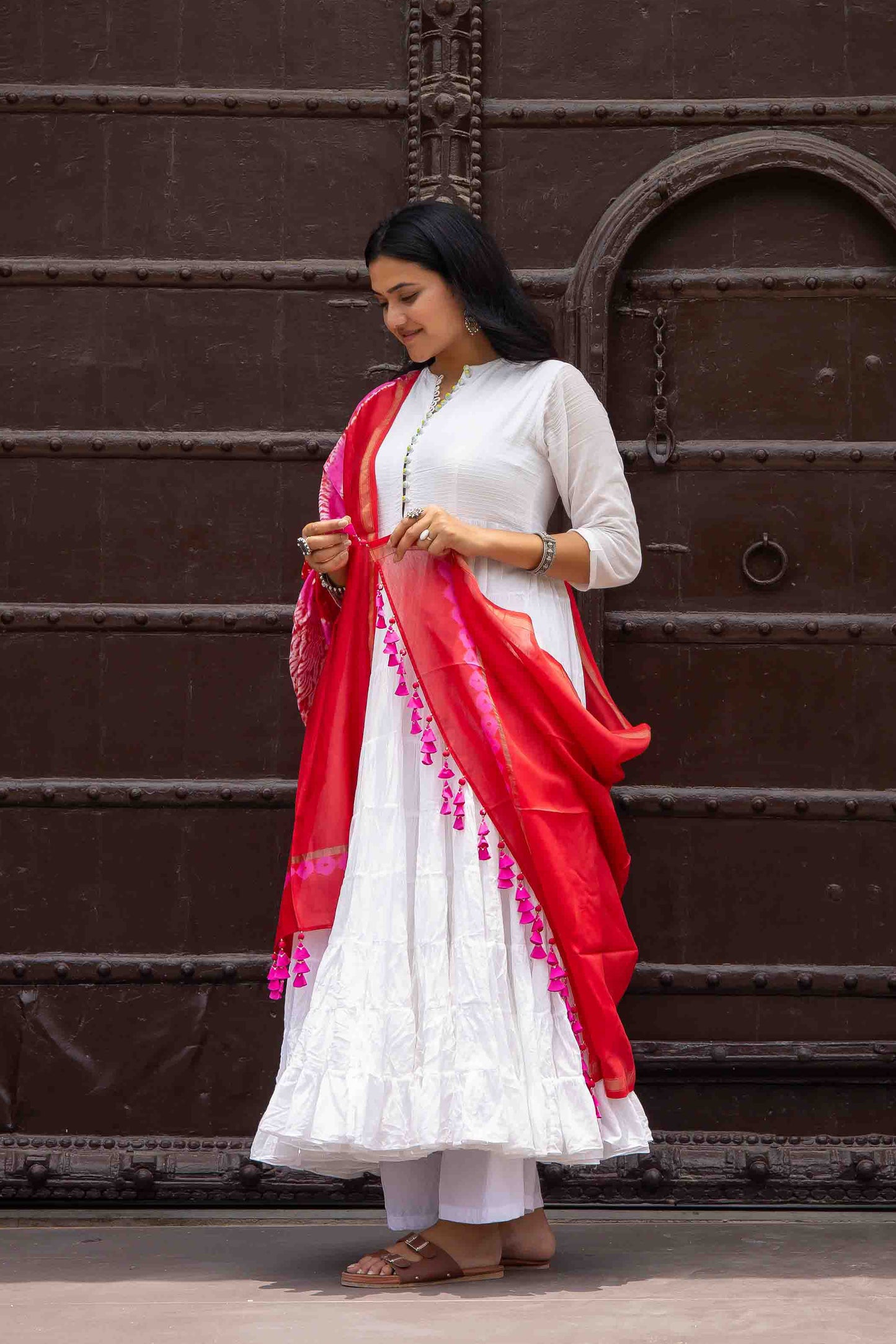 Red Laheriya Bandhani  Dupatta With Tassels