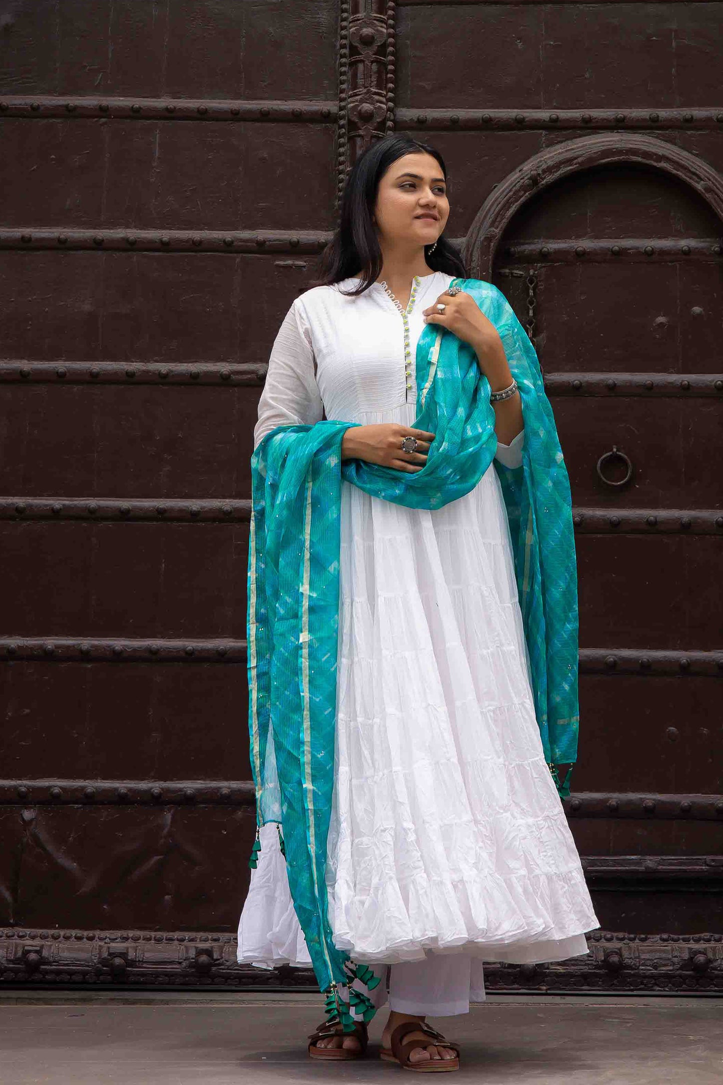 Rama Green Kota Doria Dupatta With Crafted Tassels