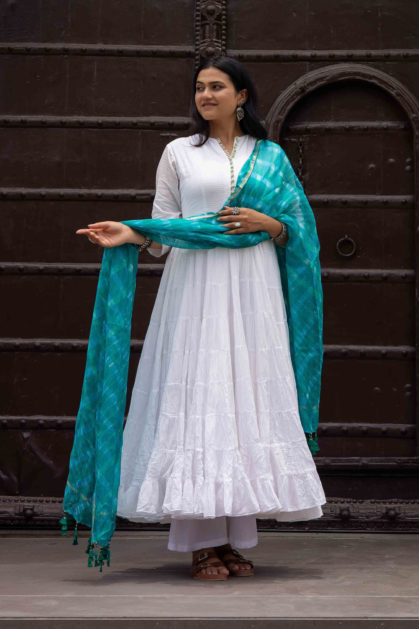 Rama Green Kota Doria Dupatta With Crafted Tassels