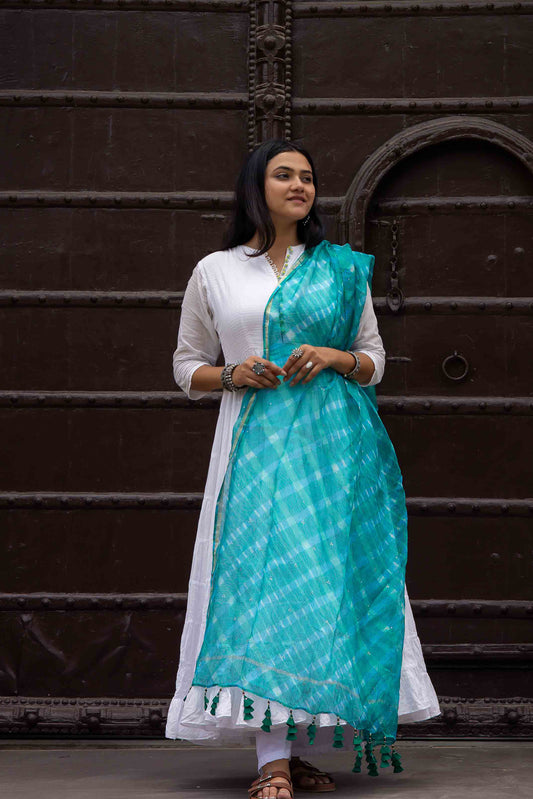 Rama Green Kota Doria Dupatta With Crafted Tassels