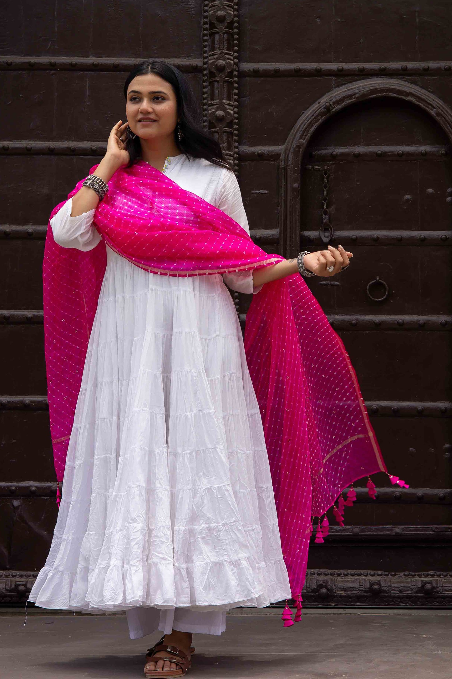 Pink Kota Doria Dupatta With Artisanal Tassels