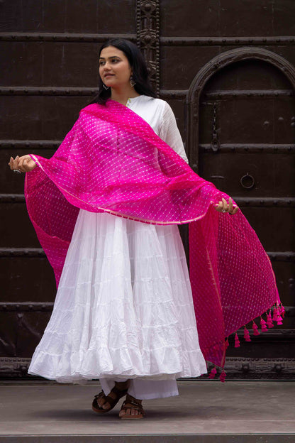 Pink Kota Doria Dupatta With Artisanal Tassels