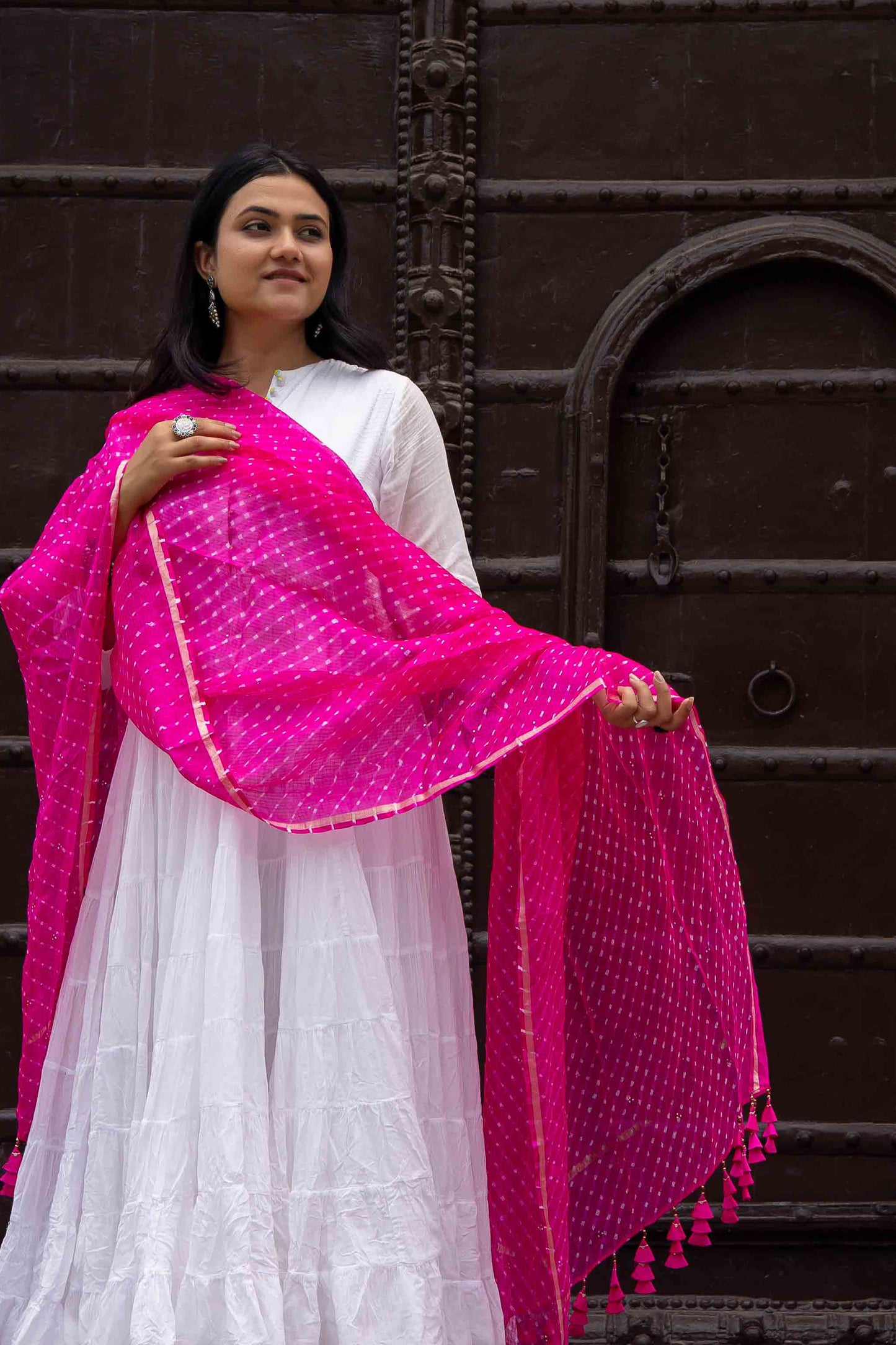 Pink Kota Doria Dupatta With Artisanal Tassels