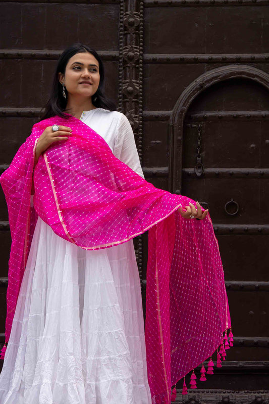 Pink Kota Doria Dupatta With Artisanal Tassels