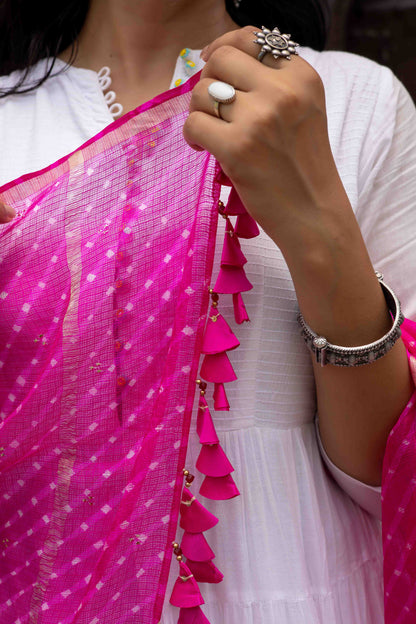 Pink Kota Doria Dupatta With Artisanal Tassels
