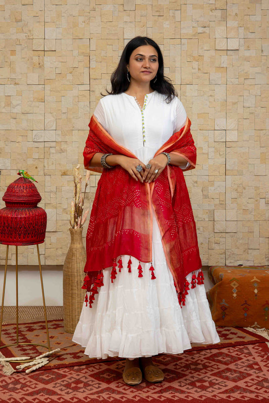 Bandhej Dupatta In Orange-red With Badla Work And Lined With Tassels