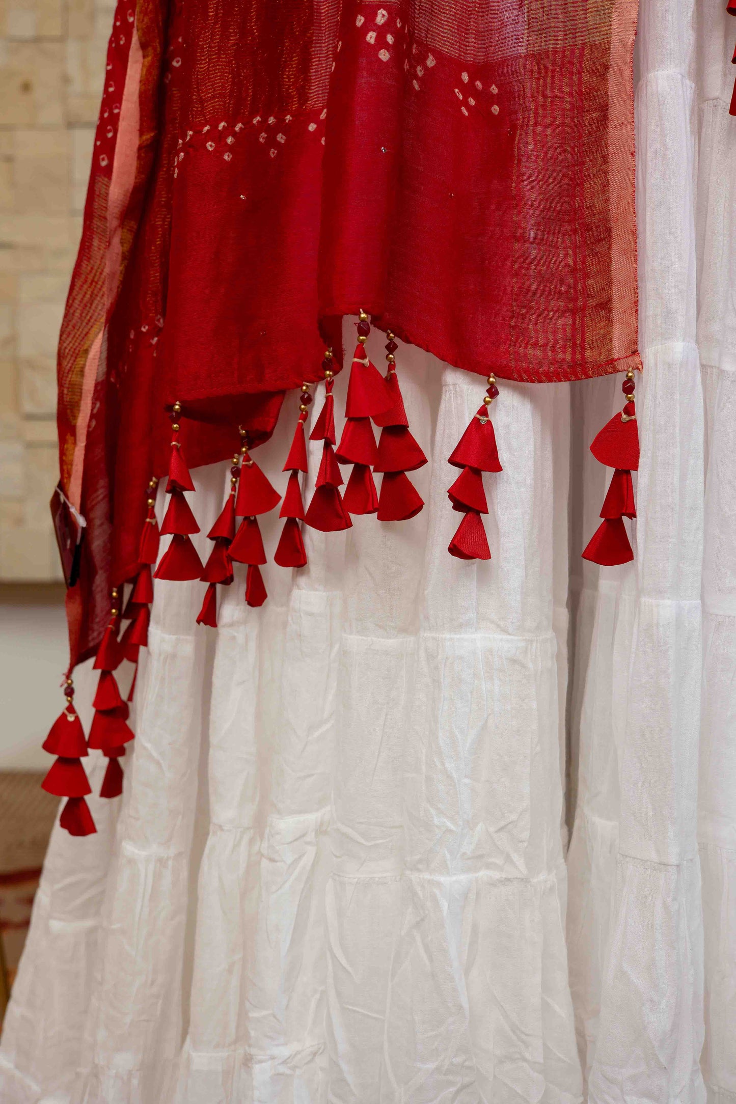 Bandhej Dupatta In Orange-red With Badla Work And Lined With Tassels