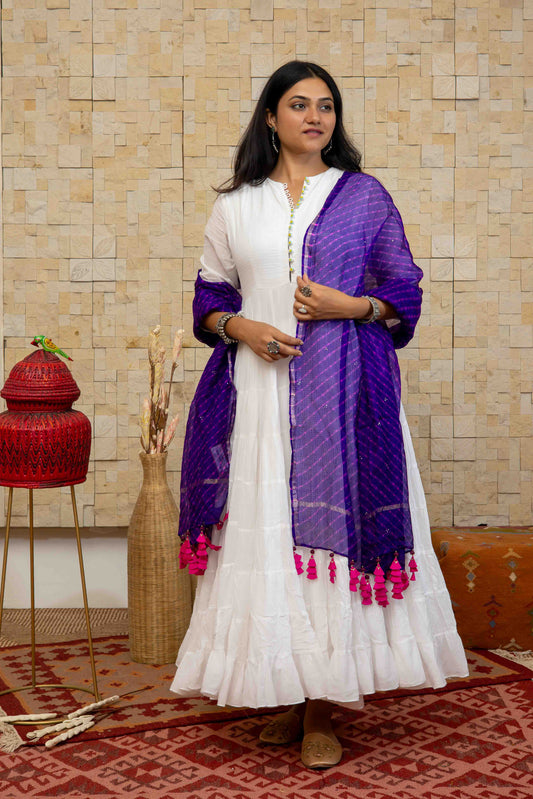 Blue Kota Doria Dupatta With Handmade Tassels
