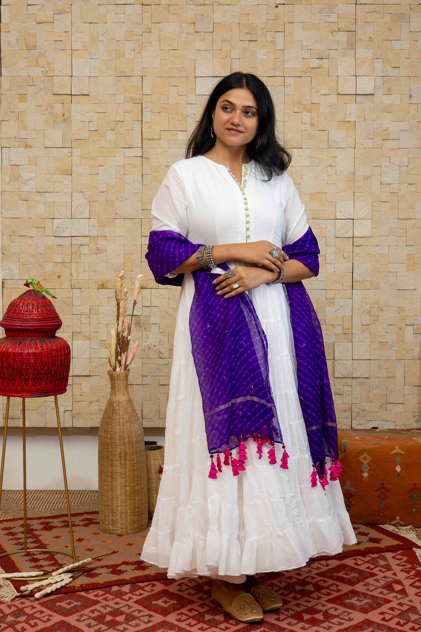 Blue Kota Doria Dupatta With Handmade Tassels