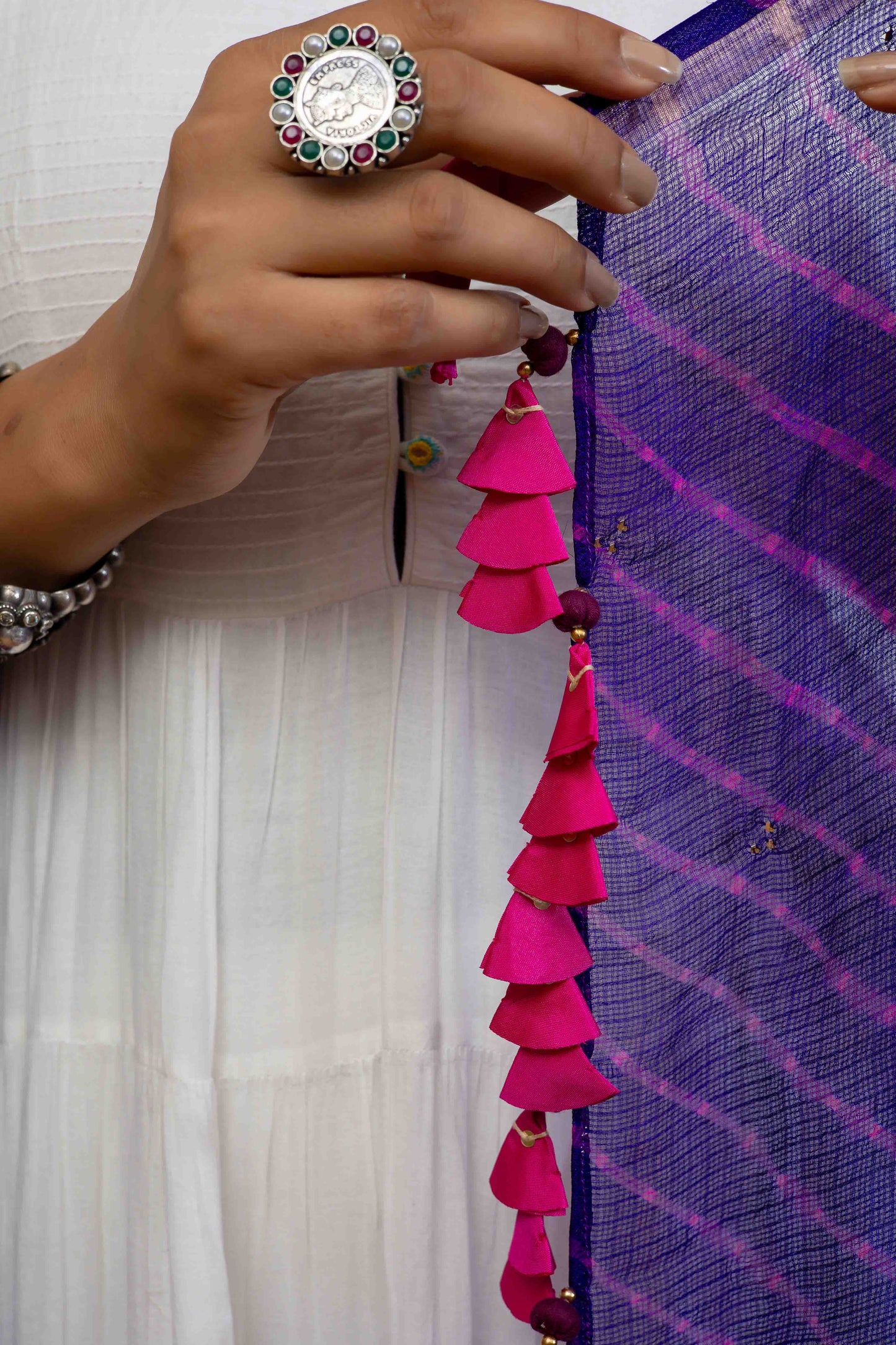 Blue Kota Doria Dupatta With Handmade Tassels