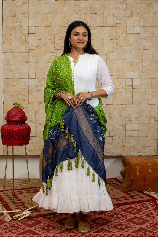 Green Bandhej Dupatta With Tassels