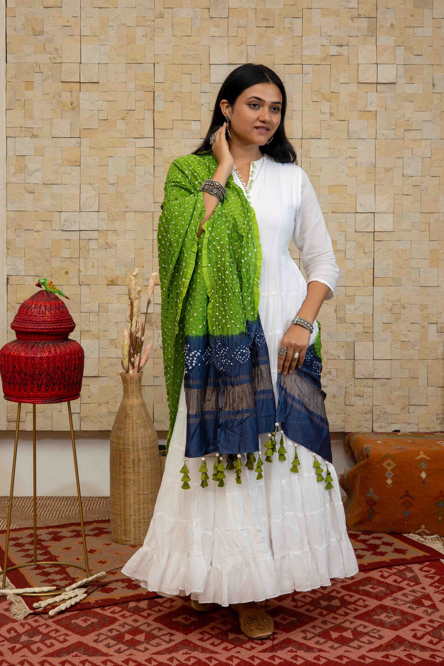 Green Bandhej Dupatta With Tassels
