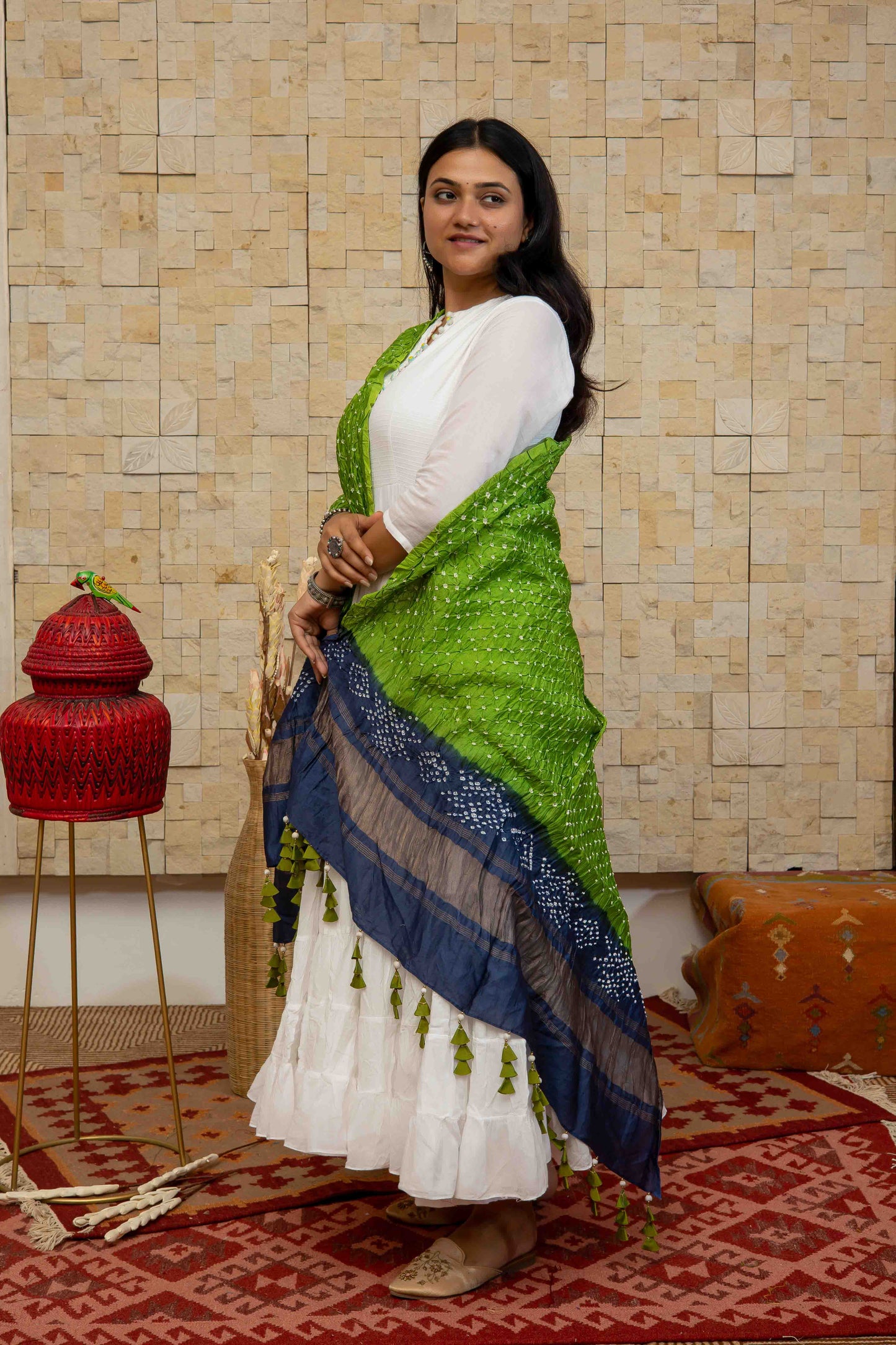 Green Bandhej Dupatta With Tassels