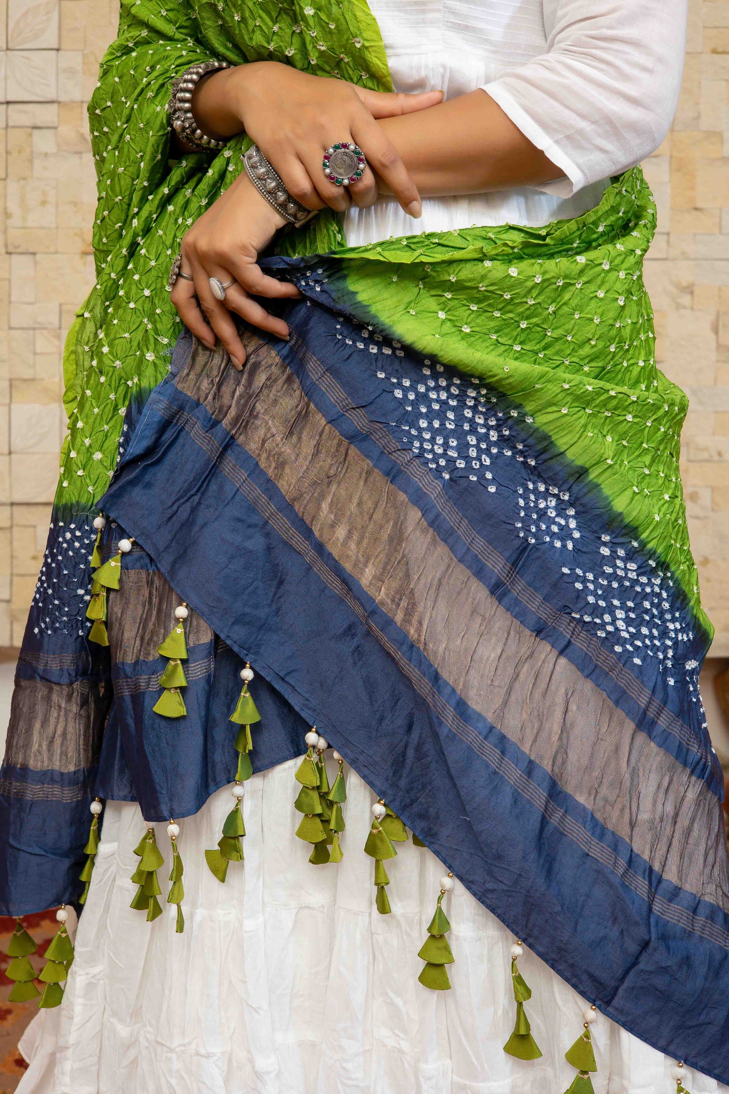 Green Bandhej Dupatta With Tassels