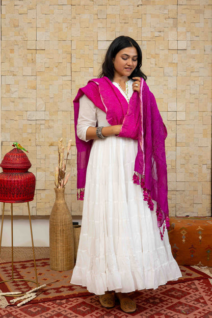 Pink-purple Bandhani Dupatta With Badla Work And Tassels