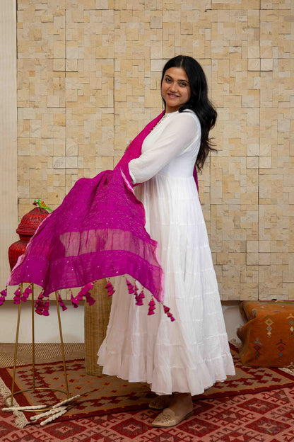 Pink-purple Bandhani Dupatta With Badla Work And Tassels