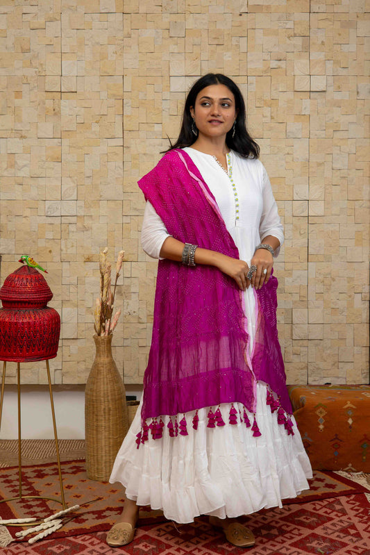 Pink-purple Bandhani Dupatta With Badla Work And Tassels