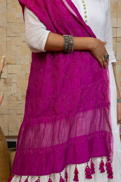 Pink-purple Bandhani Dupatta With Badla Work And Tassels