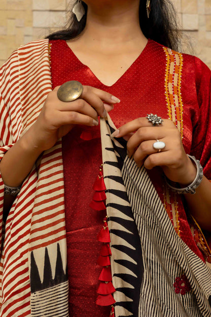 Cream Block-printed Dupatta with Red stripes and Grey highlight, lined with Tassels