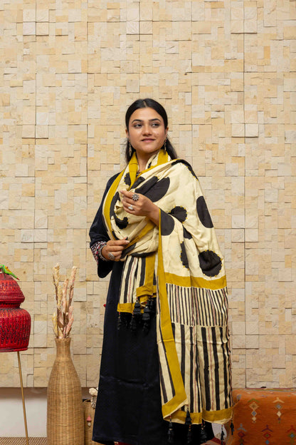 Cream dupatta with Black Block-printed patterns and Tassels