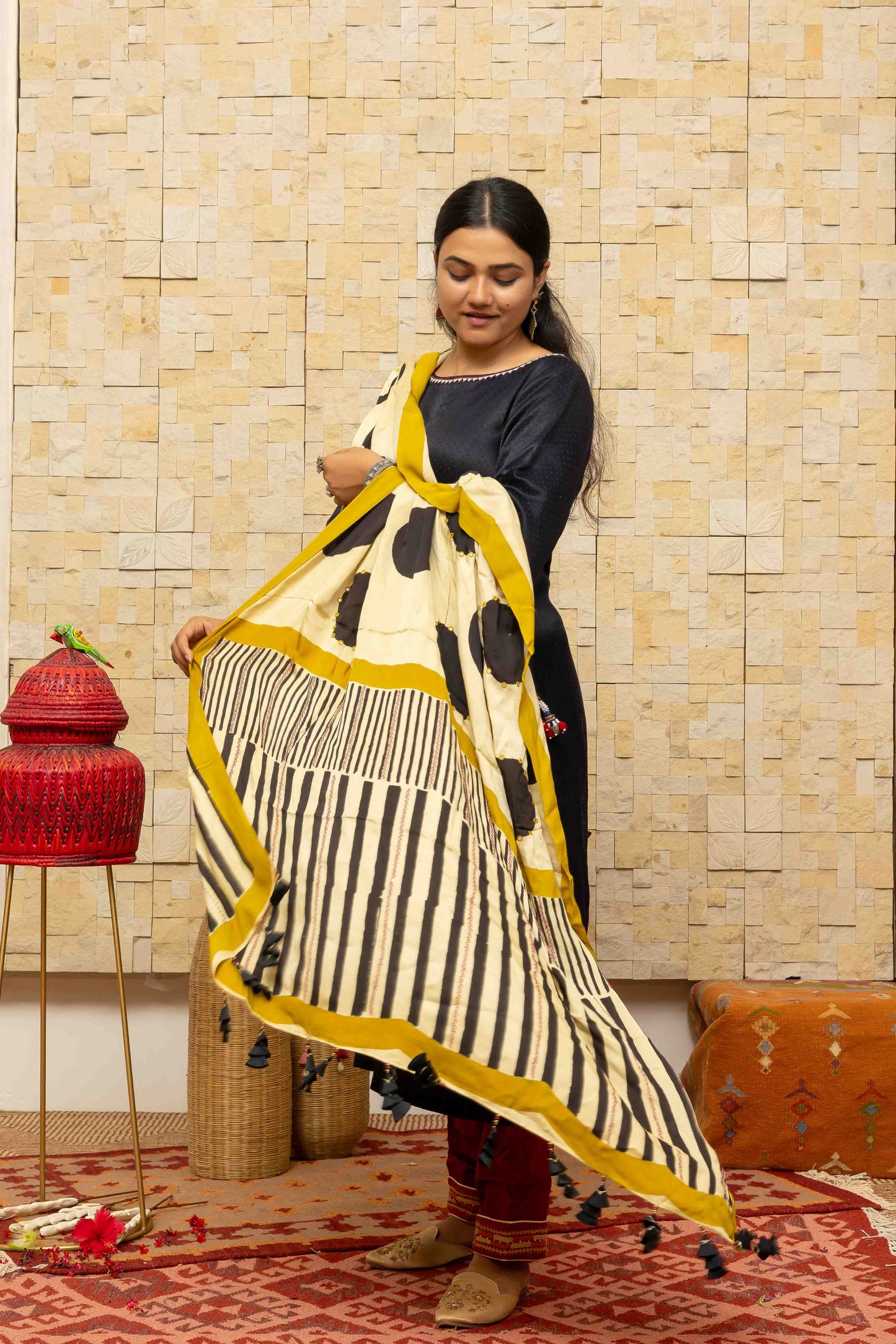 Cream dupatta with Black Block-printed patterns and Tassels