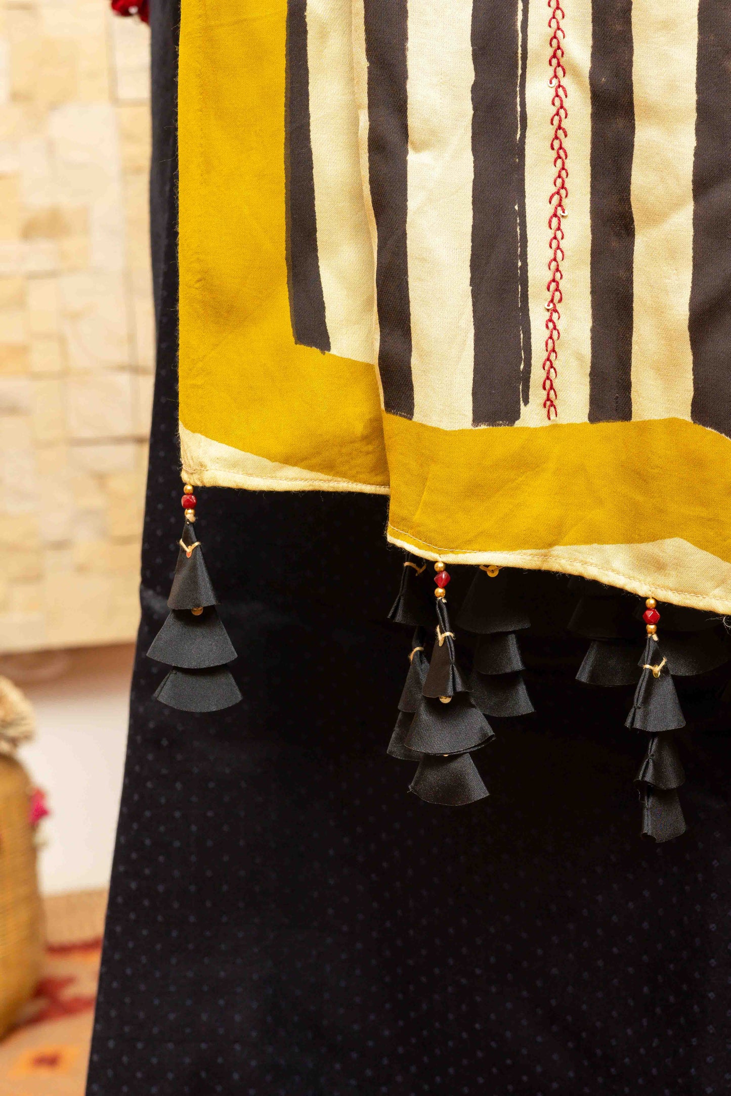 Cream dupatta with Black Block-printed patterns and Tassels