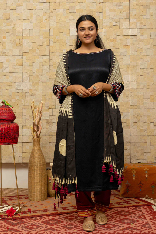 Cream and Black Block-printed Dupatta with Red Tassels
