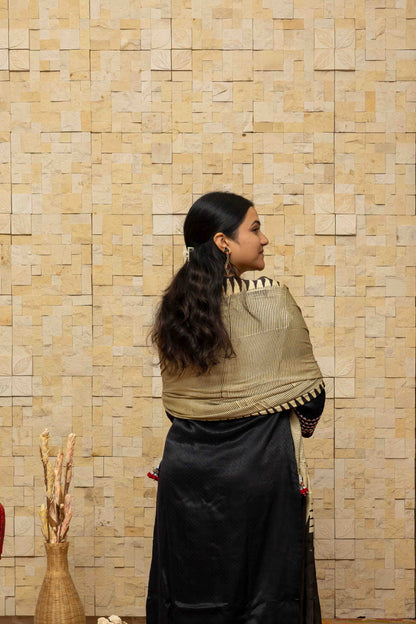 Cream and Black Block-printed Dupatta with Red Tassels